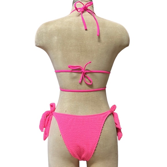 Hot Pink Bikini 2pc Swimsuit Gold Chain Charms Seersucker S Small - Picture 3 of 5